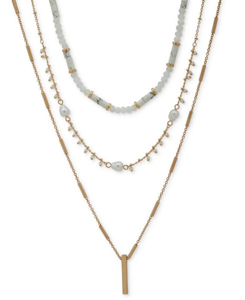 Gold-Tone White Bead Three-Row Layer Necklace, 20" + 3" extender