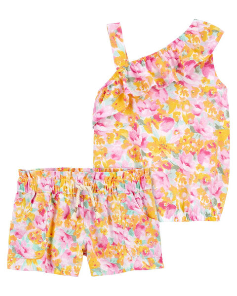 Baby 2-Piece Floral Print Asymmetrical Top & Paperbag Twill Shorts Set 24M