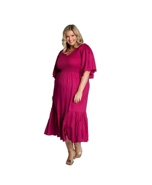 Plus Size Flutter Sleeve Smocked Cleo Midi Dress