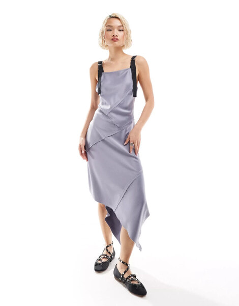 COLLUSION satin slip dress with raw seams and hardware in silver grey