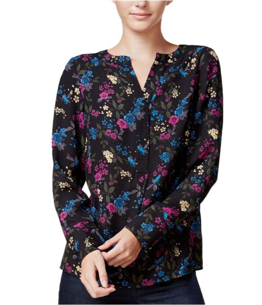 Kensie Women's Floral Print Long Sleeve Split Neck Blouse Black Multi XS