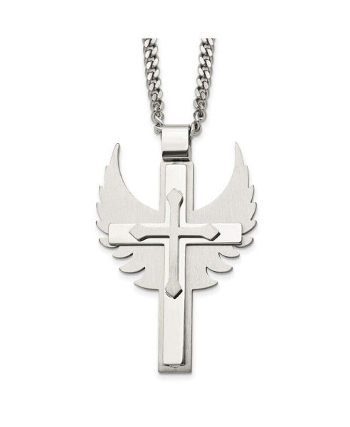 Chisel brushed Cross with Wings Pendant Curb Chain Necklace