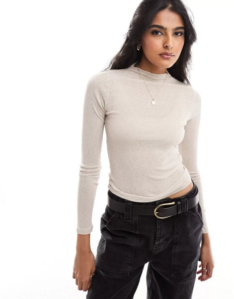 Cotton On mock neck long sleeve crop top in textured stone jersey