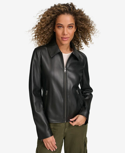 Women's Faux Leather Laydown Collar Jacket