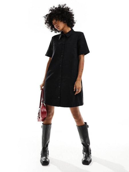 Monki short sleeve button through collar mini dress in black