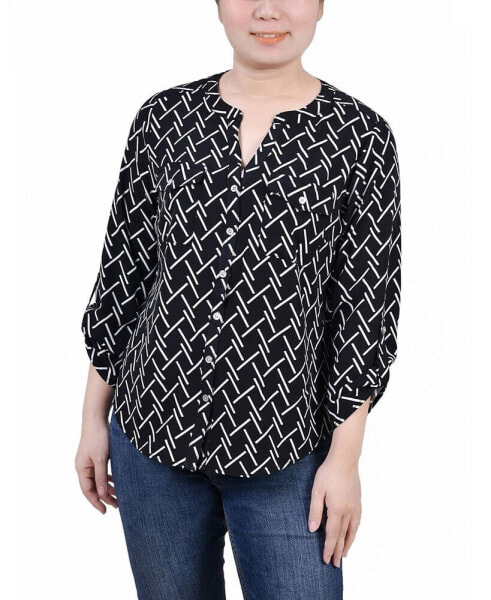 Petite 3/4 Sleeve Roll Tab Y Neck Blouse