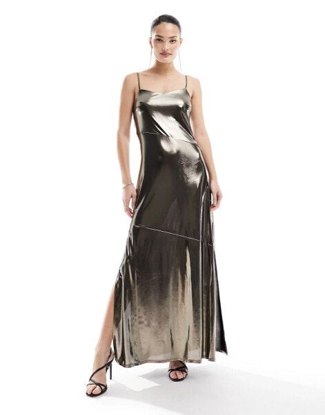 French Connection metallic maxi slip dress with split in gold lame