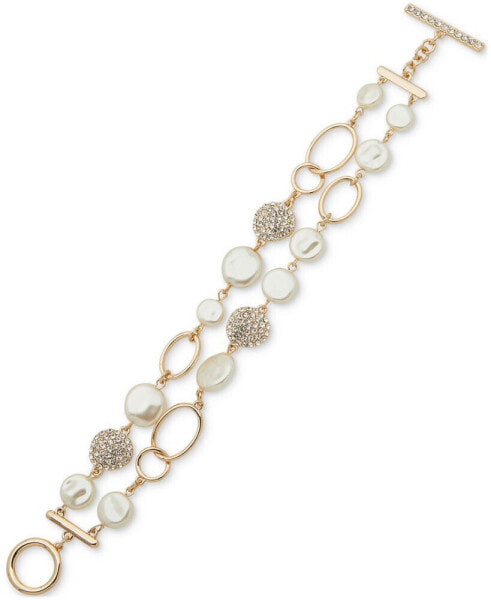 Gold-Tone White Imitation Pearl & Crystal Two-Row Toggle Flex Bracelet
