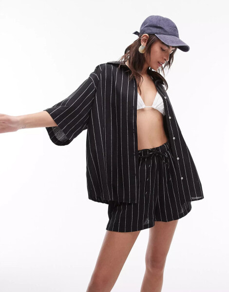 Topshop beach short sleeve shirt in black and white stripe