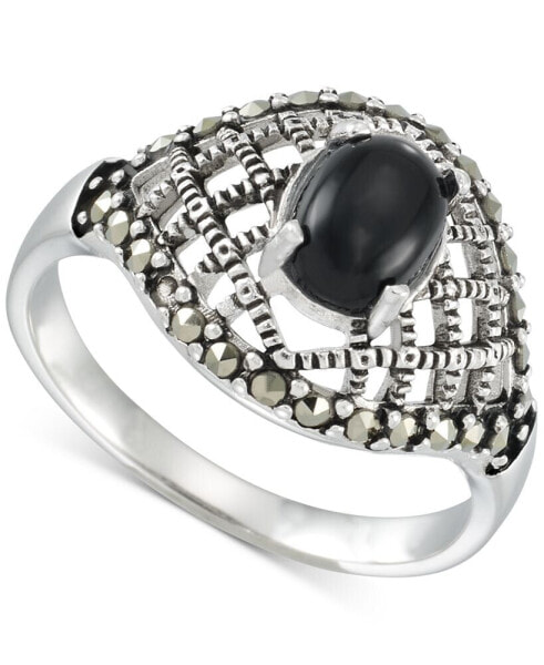 Onyx & Marcasite (1/3 ct. t.w.) Lattice Ring in Sterling Silver