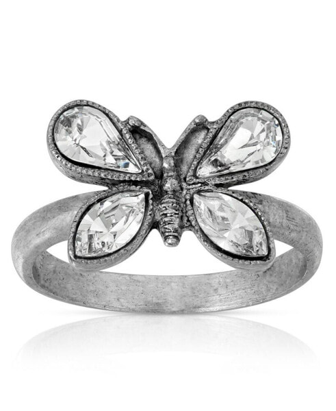 Pewter Crystal Butterfly Ring