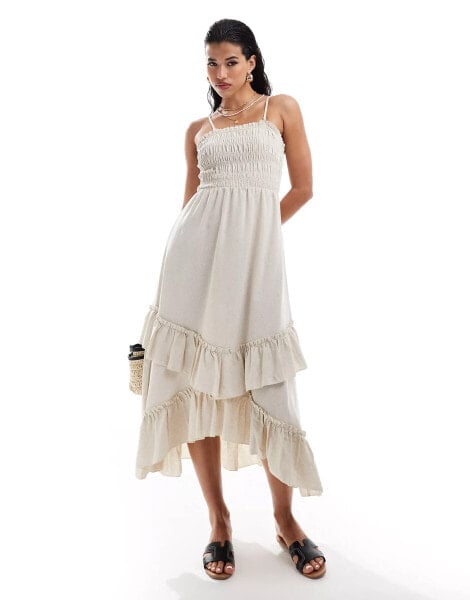 Style Cheat smocked maxi cotton dress with ruffle detail in cream