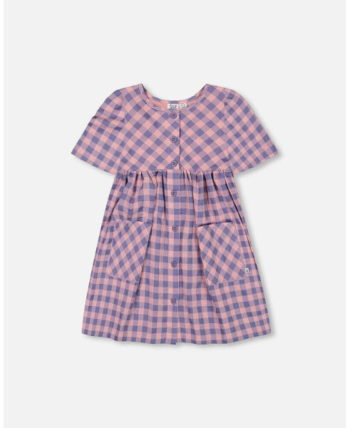 Girl Button Front Dress With Pockets Plaid Pink And Blue - Child
