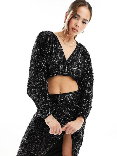 ASOS DESIGN sequin long sleeve batwing blouse co-ord in black