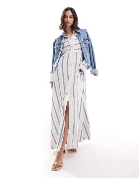 ASOS DESIGN oversized double point waist seam maxi shirt dress in stone and blue stripe