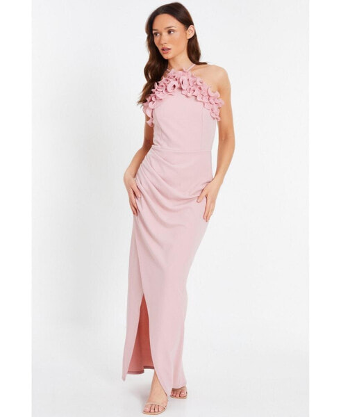 Women's Ruffle Halter Neck Ruched Maxi Dress