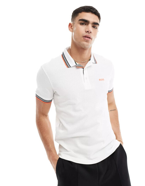 BOSS Green Paddy tipped polo shirt in white