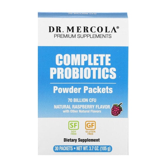 Пробиотики для пищеварительной системы Dr. Mercola Complete Probiotics, натуральная малина, 70 миллиардов КОЕ, 30 пакетов, 3.5 г каждый