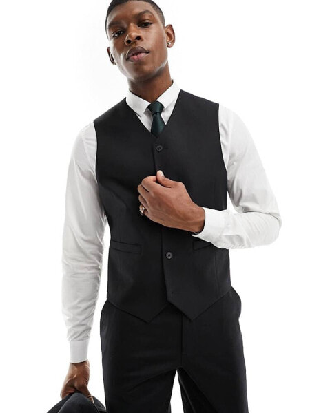 ASOS DESIGN slim linen mix suit waistcoat in black