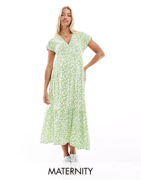 Mamalicious Maternity v neck midi dress in green floral print