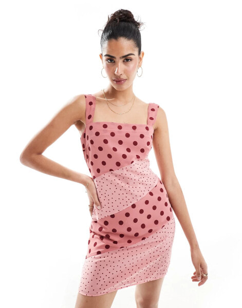 ASOS DESIGN square neck pleated chiffon mini dress in pink spot print