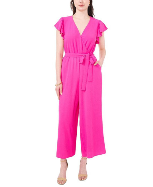 Women's Tie-Waist Flutter-Sleeve V-Neck Jumpsuit