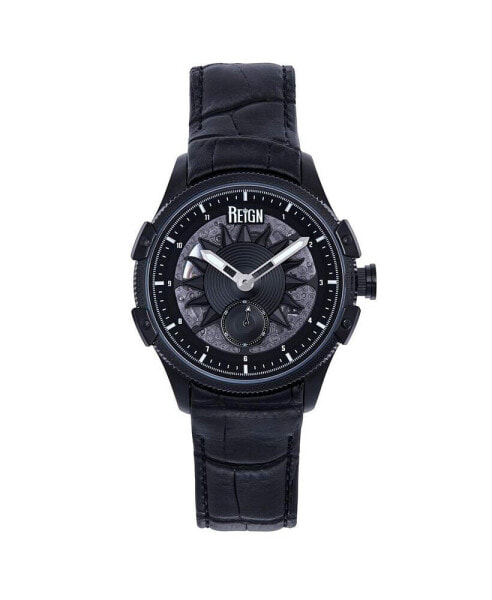 Men Solstice Automatic Semi-Skeleton Leather Strap Watch - Black