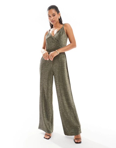 Vero Moda strappy wide leg jumpsuit in black and gold glitter