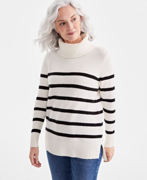 Women's Striped Cozy Turtleneck Tunic Sweater, Created for Macy's