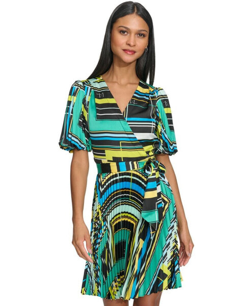 Women's Geometric-Print Faux-Wrap Dress