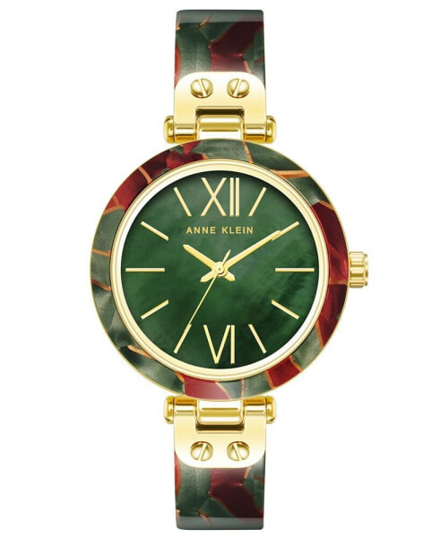 Women's Three-Hand Quartz Green and Burgundy Resin with Gold-Tone Alloy Accents Bangle Watch, 34mm