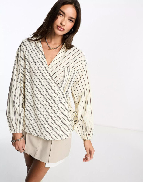 Object wrap front shirt in mixed neutral stripe