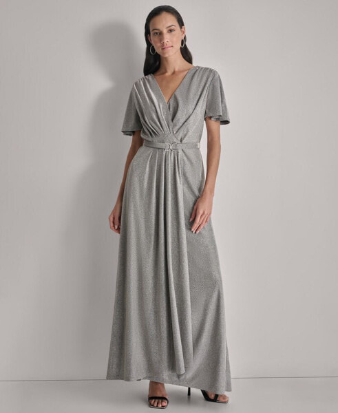 Women's Metallic Pleated Belted Flutter-Sleeve Gown