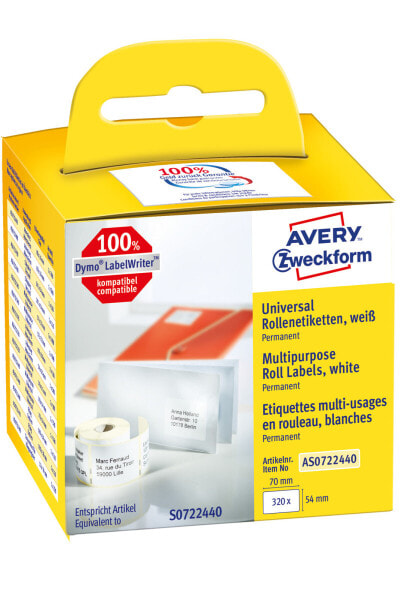 Avery Zweckform Avery AS0722440 - White - Rectangle - Permanent - 54 x 70 mm - Rolle - Paper