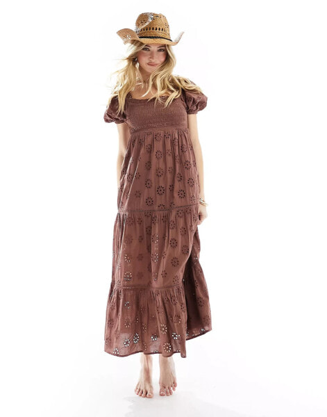 Iisla & Bird puff sleeve broderie maxi beach dress in brown