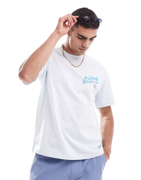 Bershka beach back printed t-shirt in light blue