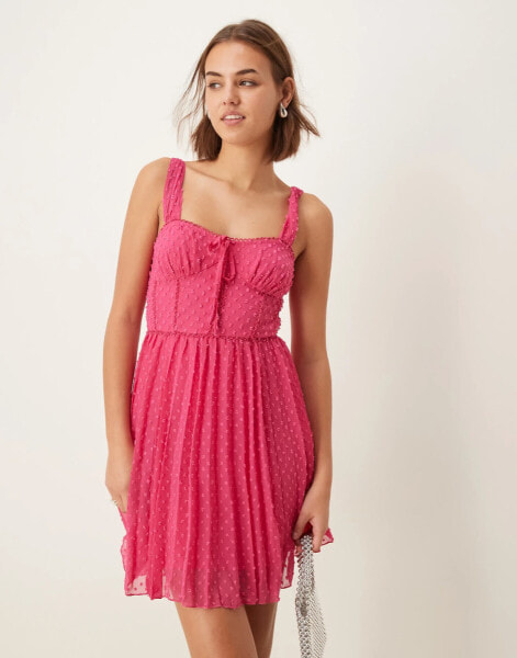 ASOS DESIGN fluffy dobby milkmaid bust pleated mini dress in hot pink