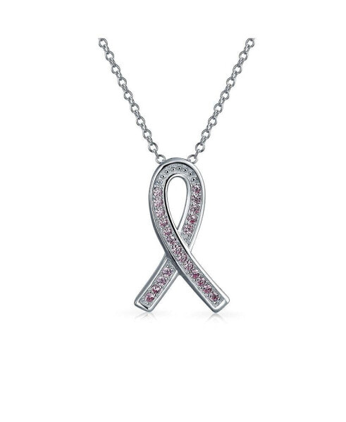 Delicate Elegant Fine Pave Pink Cubic Zirconia CZ Ribbon Breast Cancer Survivor Pendant Necklace For Women .925 Sterling Silver 18 Inch