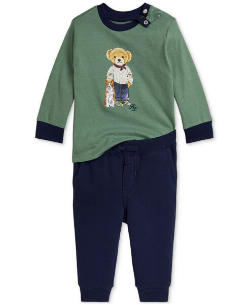 Baby Boys 2-Pc. Polo Bear Printed Long-Sleeve T-Shirt & Fleece Pants Set