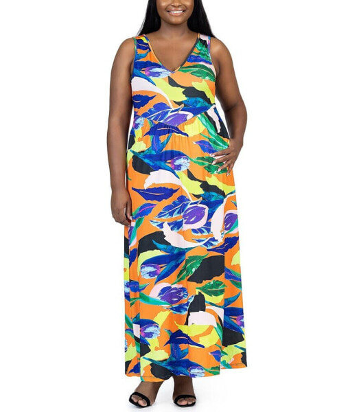 Plus Size Sleeveless V Neck Maxi Dress Pockets