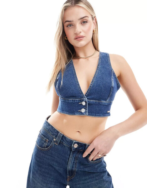 Tommy Jeans Denim Waistcoat Style Crop Top in Blue