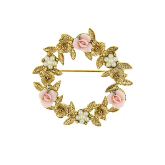 Gold-Tone Pink Porcelain Rose Wreath Brooch
