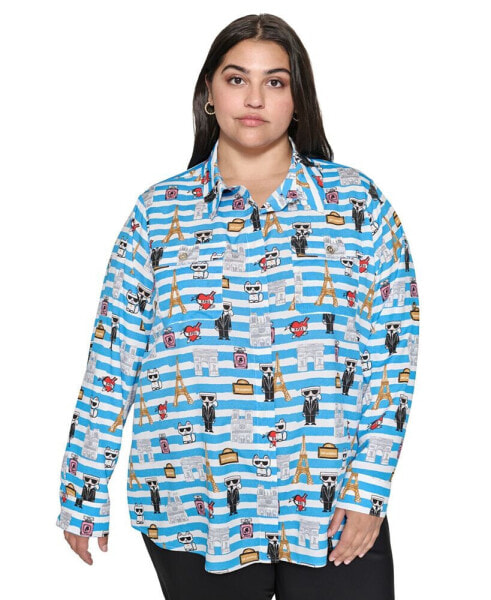 Plus Size Whimsical Graphic Button-Front Blouse, Created for Macy's