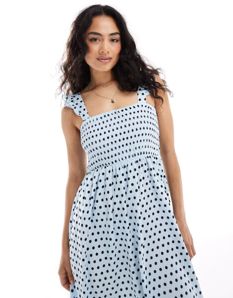 Pieces textured jersey frill strap maxi dress in blue spot print