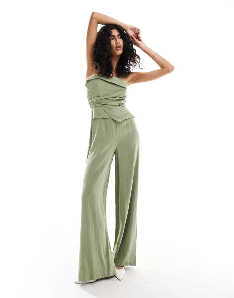 ASOS DESIGN drape detail bandeau jumpsuit in khaki linen