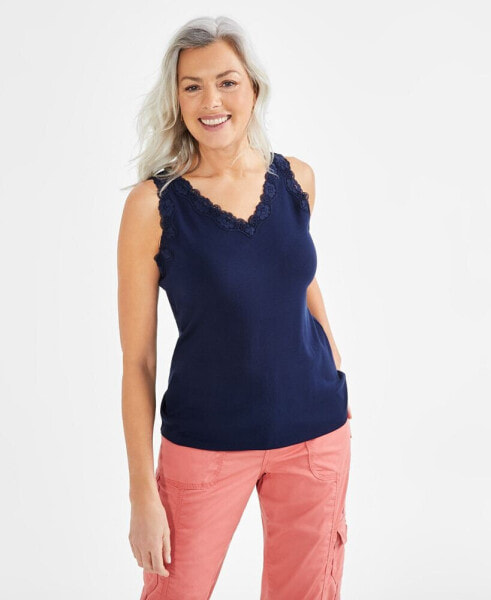Petite Lace Knit Cotton Tank Top, Created for Macy's