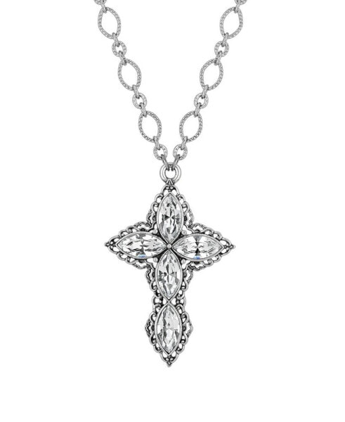 Pewter Crystal Diamond Shaped Stones Cross 24" Necklace