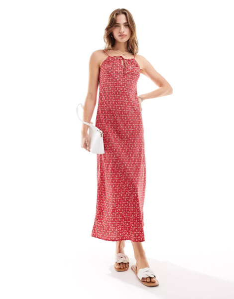 Miss Selfridge tie front bias maxi slip dress in red paisley spot