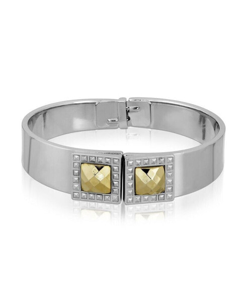 Silver-Tone and Gold-Tone Stone Square Small Hinged Bracelet