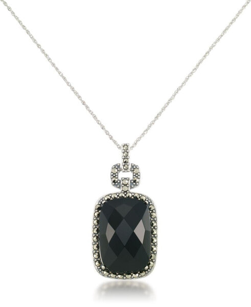 Marcasite and Faceted Onyx Square Pendant+18" Chain in Sterling Silver